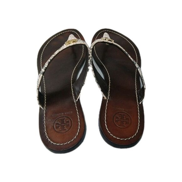 Tory Burch Cameron Leather Thong Sandals Women's Size 9 M Python Print Brown - Picture 2 of 8